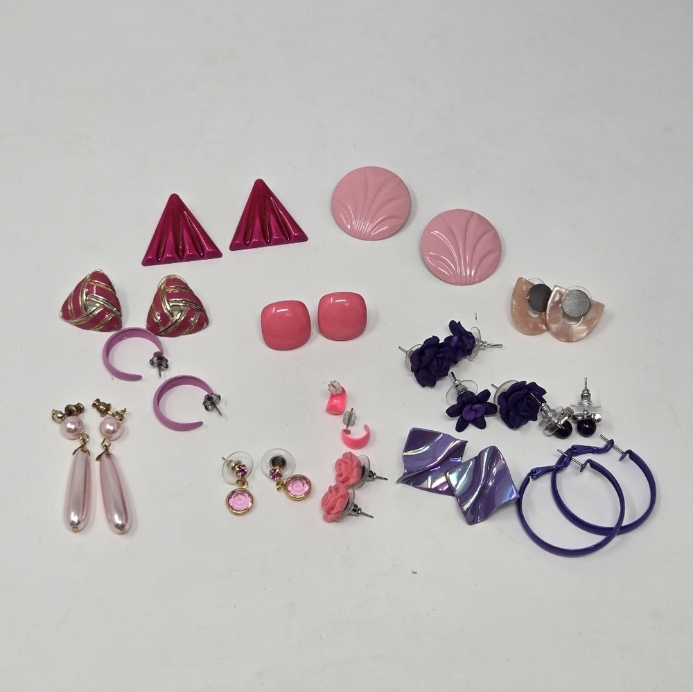 VINTAGE 1980S FASHION COSTUME JEWELRY LOT 15 EARRINGS POST BACK PINK PURPLE